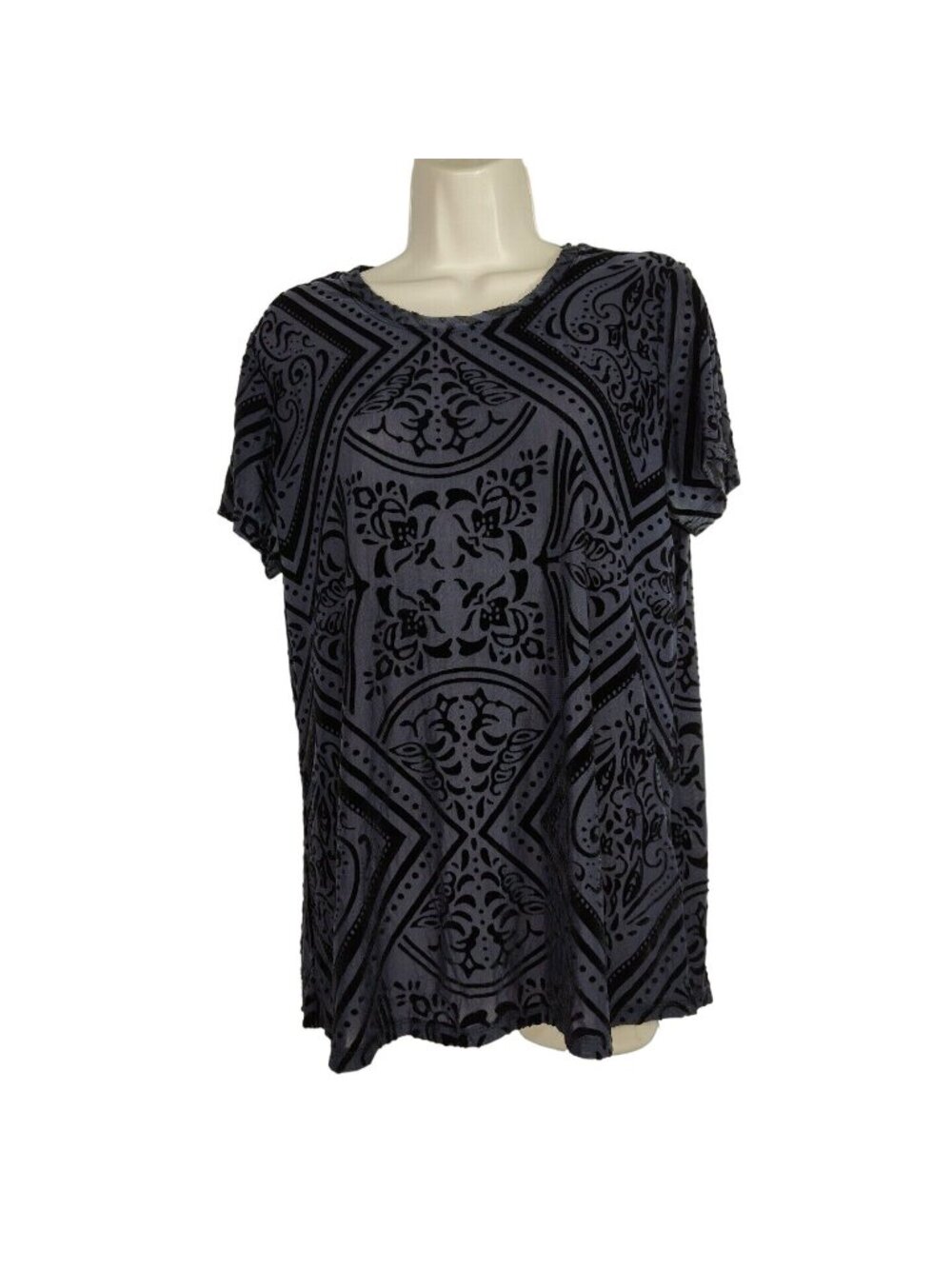 Hannah Blue Flocked Shirt Top Women Size L Short Sleeve Sheer Y2K
